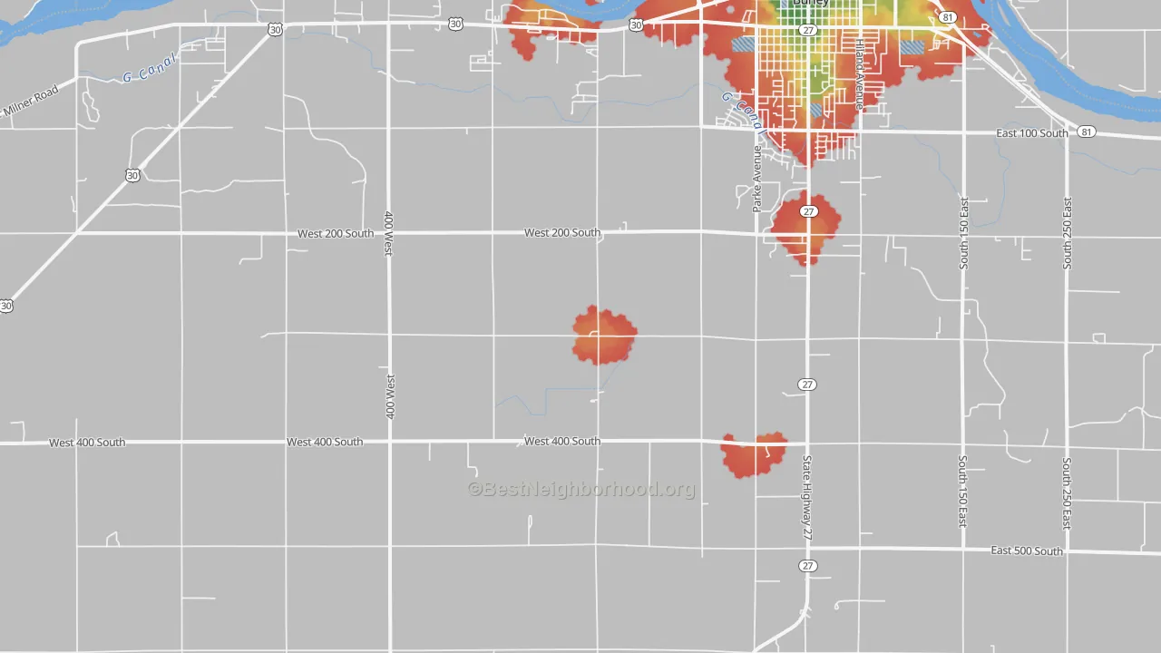 Walk Grade map of Pella, ID, walkable areas in green and car-dependent areas in red