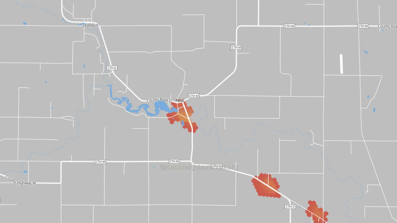 Walk Grade map of Pella, WI, walkable areas in green and car-dependent areas in red