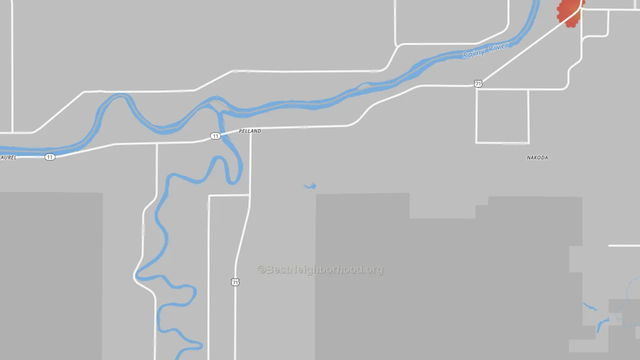 Walk Grade map of Pelland, MN, walkable areas in green and car-dependent areas in red