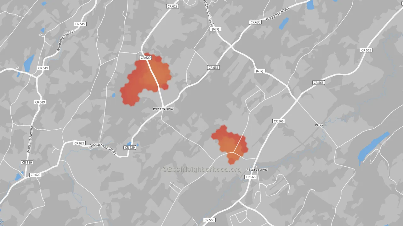 Walk Grade map of Pellettown, NJ, walkable areas in green and car-dependent areas in red