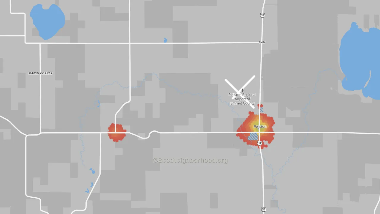 Walk Grade map of Pellston, MI, walkable areas in green and car-dependent areas in red