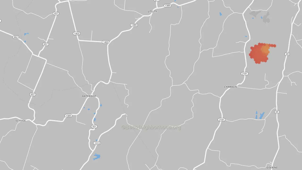 Walk Grade map of Pellville, KY, walkable areas in green and car-dependent areas in red