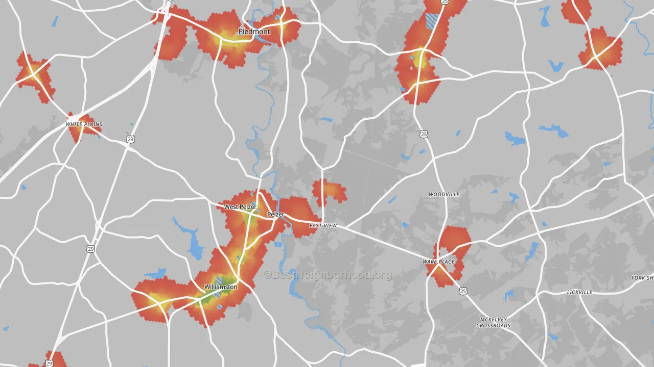 Walk Grade map of Pelzer, SC, walkable areas in green and car-dependent areas in red