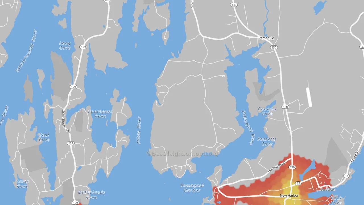 Walk Grade map of Pemaquid Harbor, ME, walkable areas in green and car-dependent areas in red