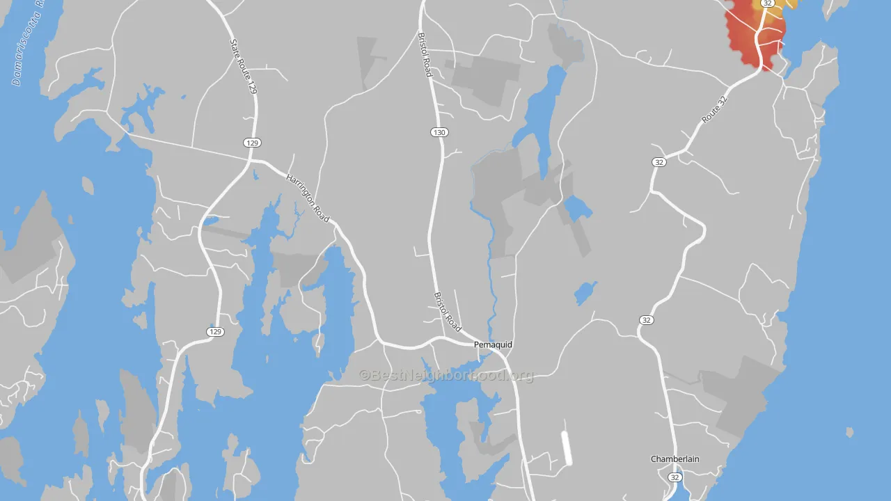 Walk Grade map of Pemaquid, ME, walkable areas in green and car-dependent areas in red
