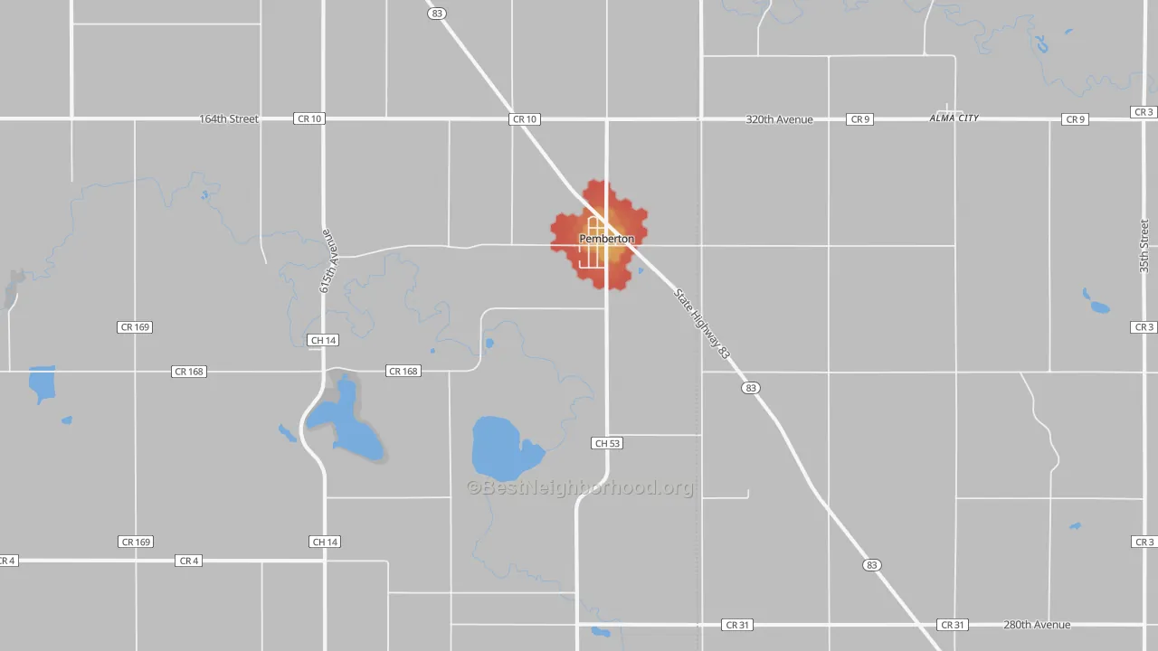 Walk Grade map of Pemberton, MN, walkable areas in green and car-dependent areas in red