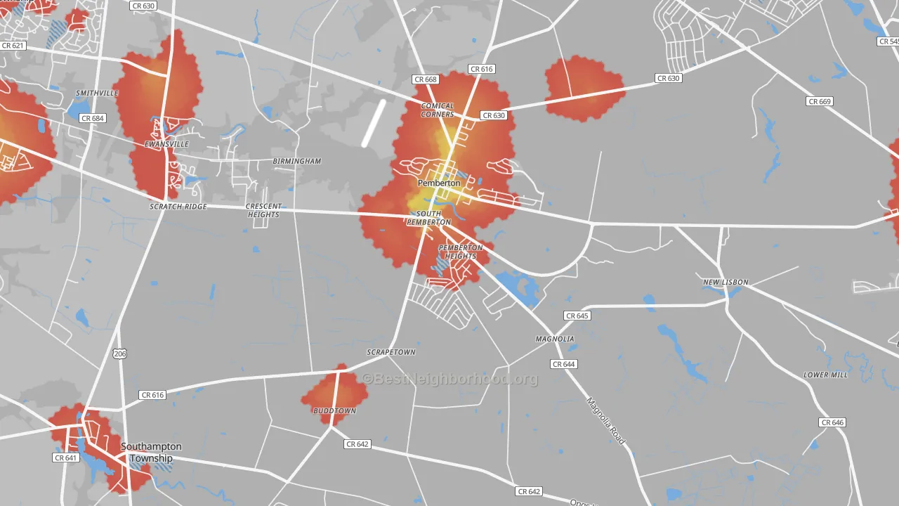 Walk Grade map of Pemberton, NJ, walkable areas in green and car-dependent areas in red