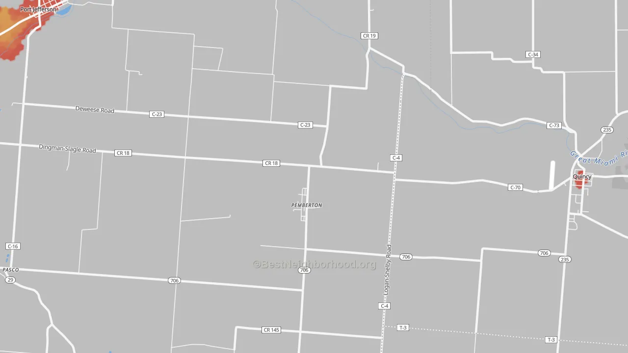 Walk Grade map of Pemberton, OH, walkable areas in green and car-dependent areas in red