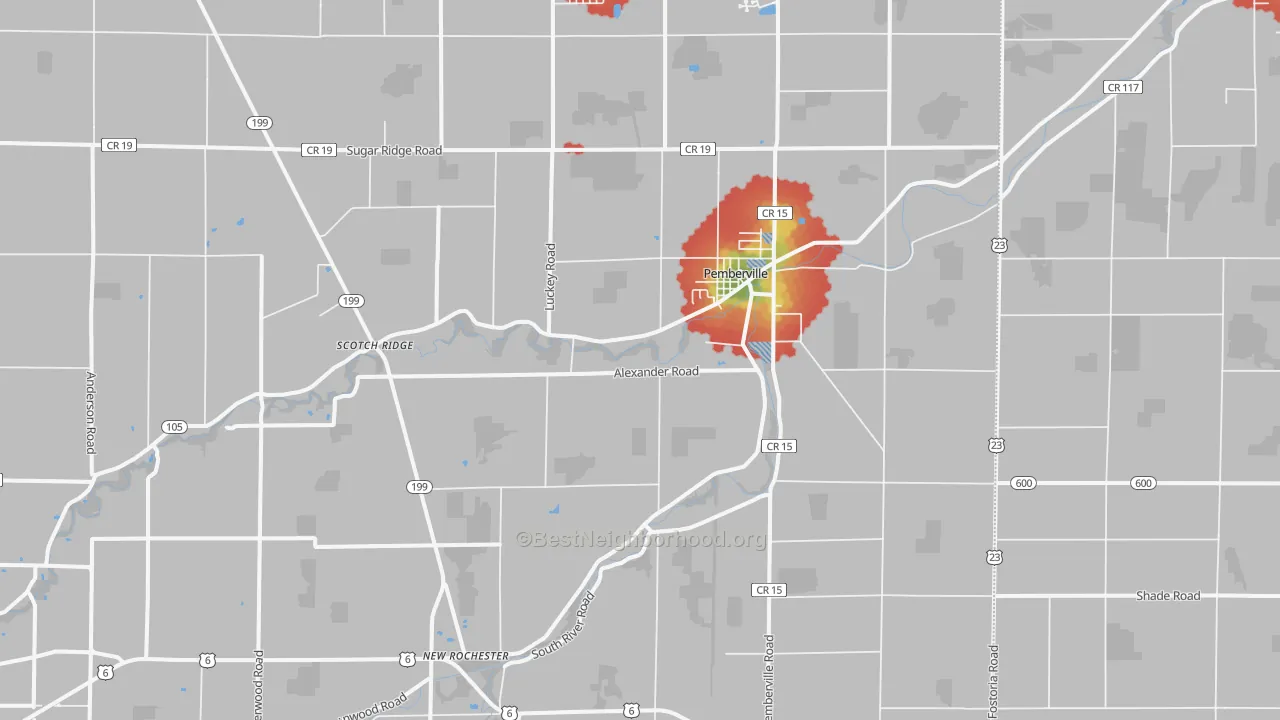 Walk Grade map of Pemberville, OH, walkable areas in green and car-dependent areas in red