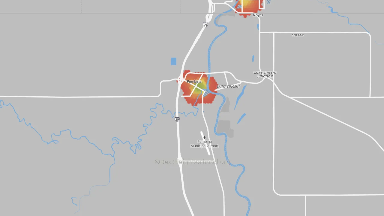 Walk Grade map of Pembina, ND, walkable areas in green and car-dependent areas in red