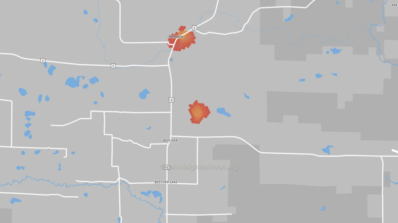 Walk Grade map of Pembine, WI, walkable areas in green and car-dependent areas in red