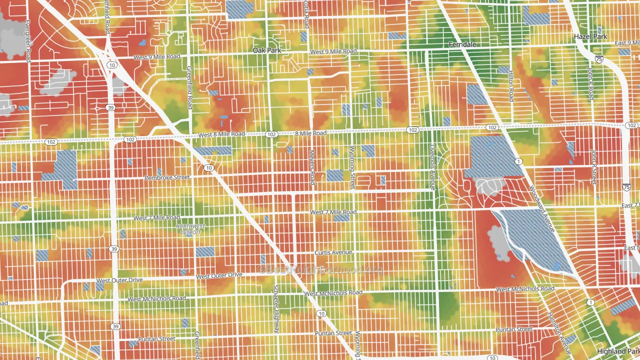 Walk Grade map of Pembroke, Detroit, MI, walkable areas in green and car-dependent areas in red