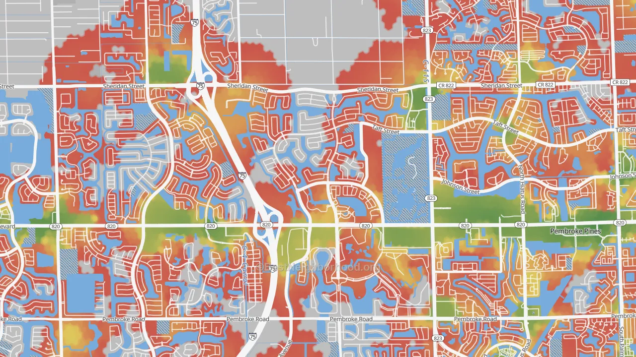 Walk Grade map of Pembroke Falls, Pembroke Pines, FL, walkable areas in green and car-dependent areas in red