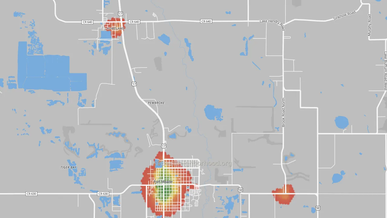 Walk Grade map of Pembroke, FL, walkable areas in green and car-dependent areas in red