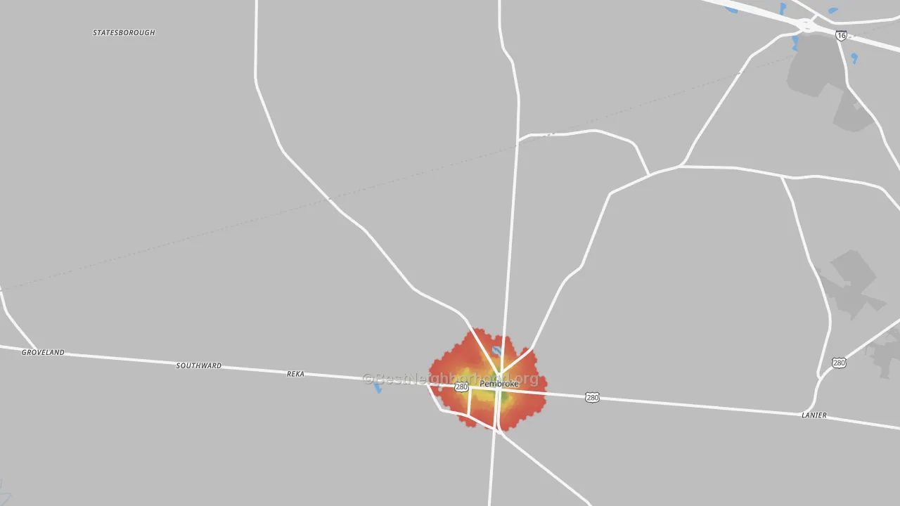 Walk Grade map of Pembroke, GA, walkable areas in green and car-dependent areas in red