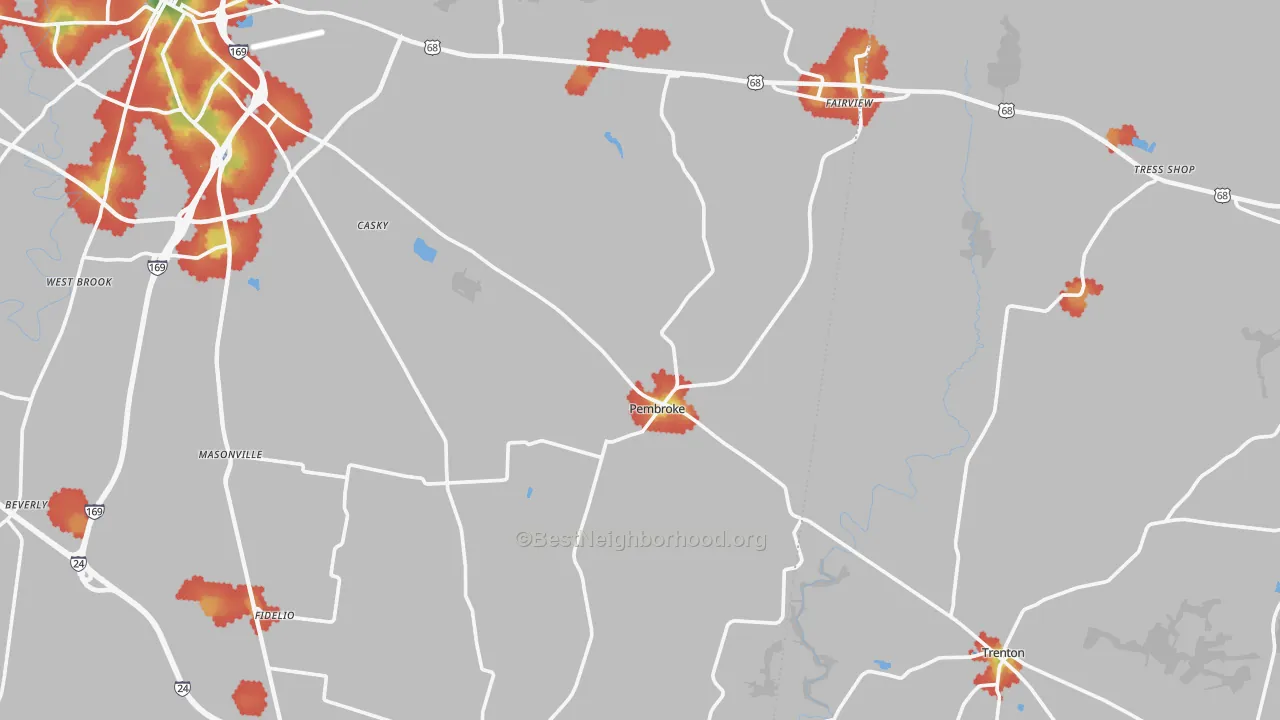 Walk Grade map of Pembroke, KY, walkable areas in green and car-dependent areas in red