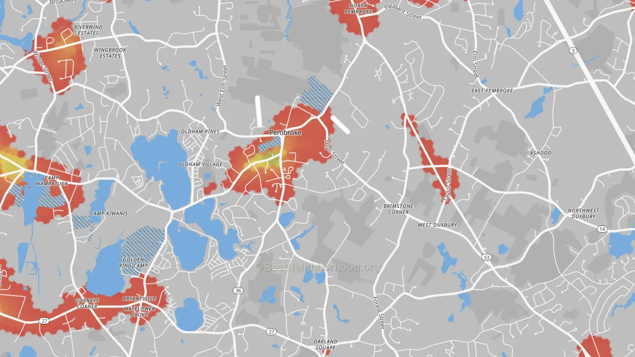 Walk Grade map of Pembroke, MA, walkable areas in green and car-dependent areas in red