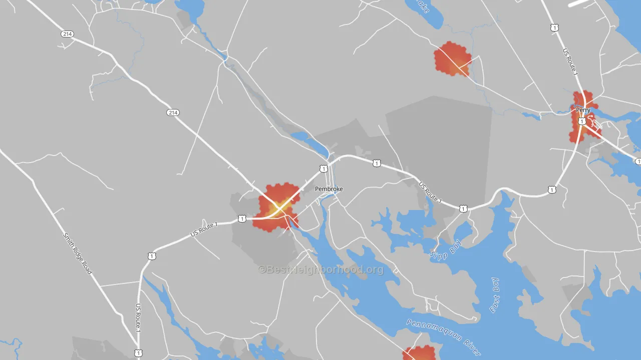Walk Grade map of Pembroke, ME, walkable areas in green and car-dependent areas in red