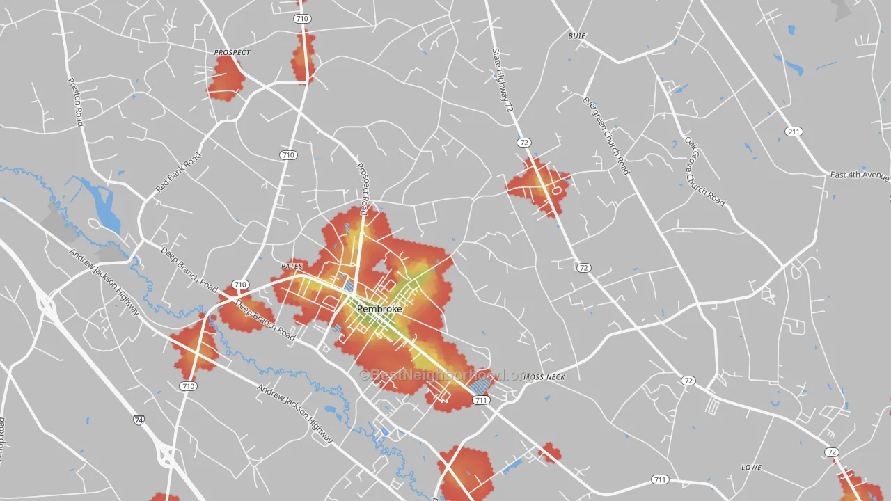 Walk Grade map of Pembroke, NC, walkable areas in green and car-dependent areas in red