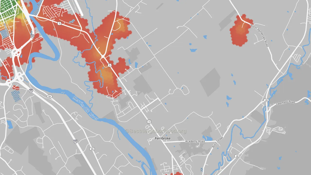 Walk Grade map of Pembroke, NH, walkable areas in green and car-dependent areas in red