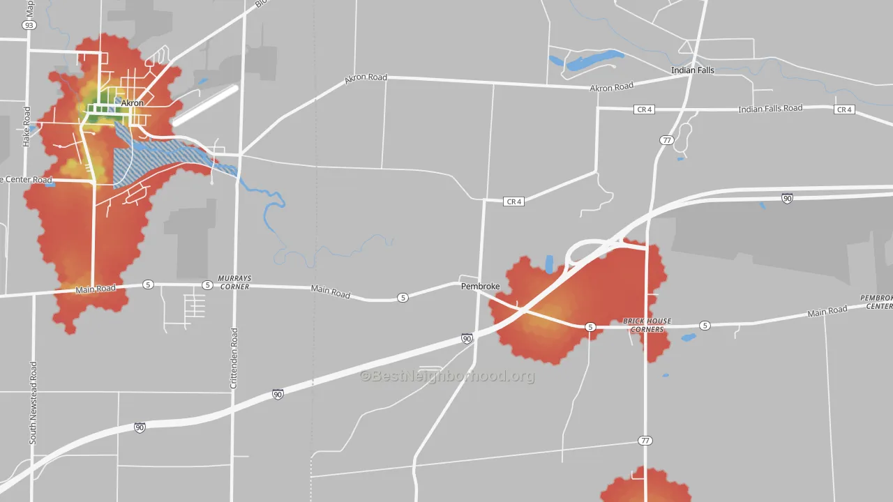 Walk Grade map of Pembroke, NY, walkable areas in green and car-dependent areas in red