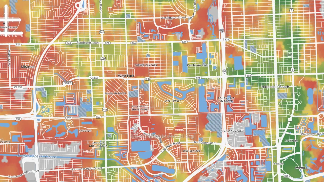 Walk Grade map of Pembroke Park, FL, walkable areas in green and car-dependent areas in red