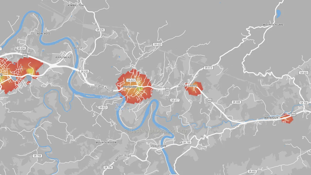 Walk Grade map of Pembroke, VA, walkable areas in green and car-dependent areas in red