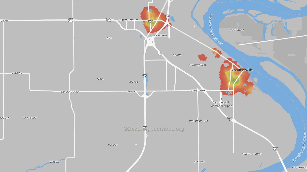 Walk Grade map of Pemiscot County, MO, walkable areas in green and car-dependent areas in red