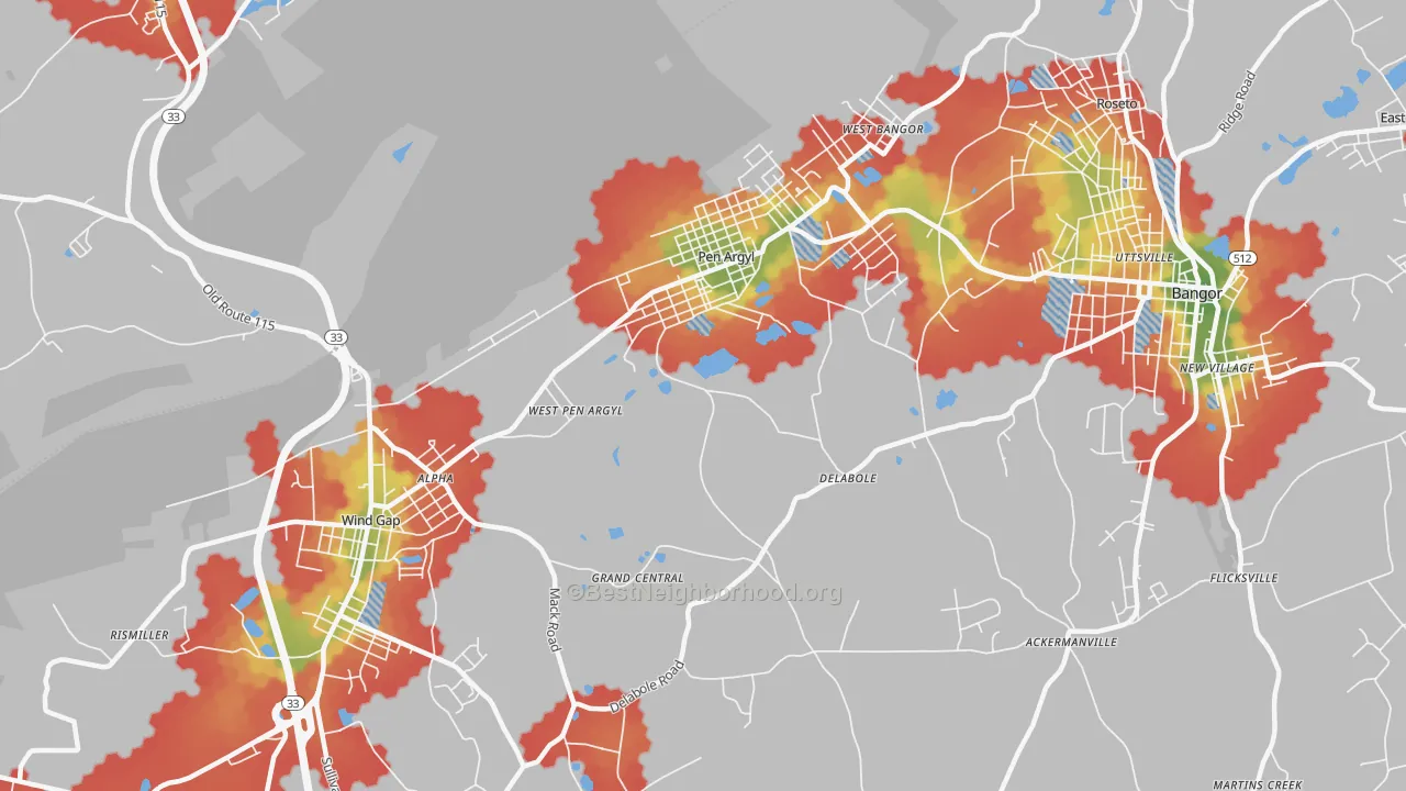 Walk Grade map of Pen Argyl, PA, walkable areas in green and car-dependent areas in red