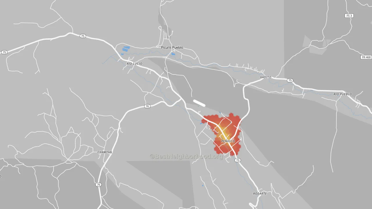 Walk Grade map of Penasco, NM, walkable areas in green and car-dependent areas in red