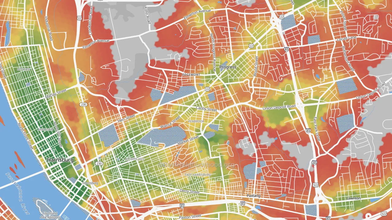 Walk Grade map of Penbrook, PA, walkable areas in green and car-dependent areas in red