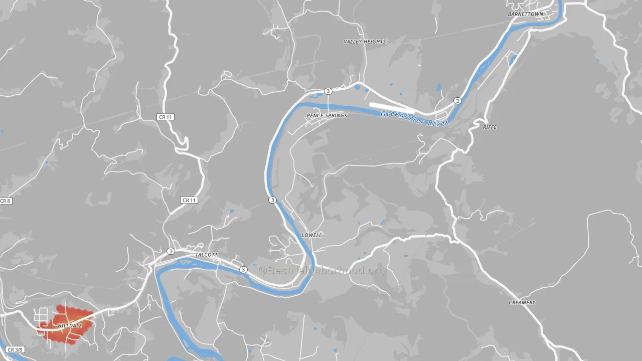 Walk Grade map of Pence Springs, WV, walkable areas in green and car-dependent areas in red