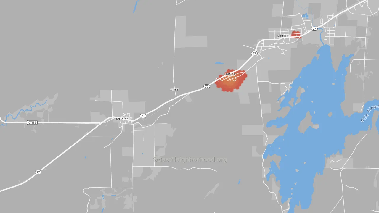 Walk Grade map of Pence, WI, walkable areas in green and car-dependent areas in red