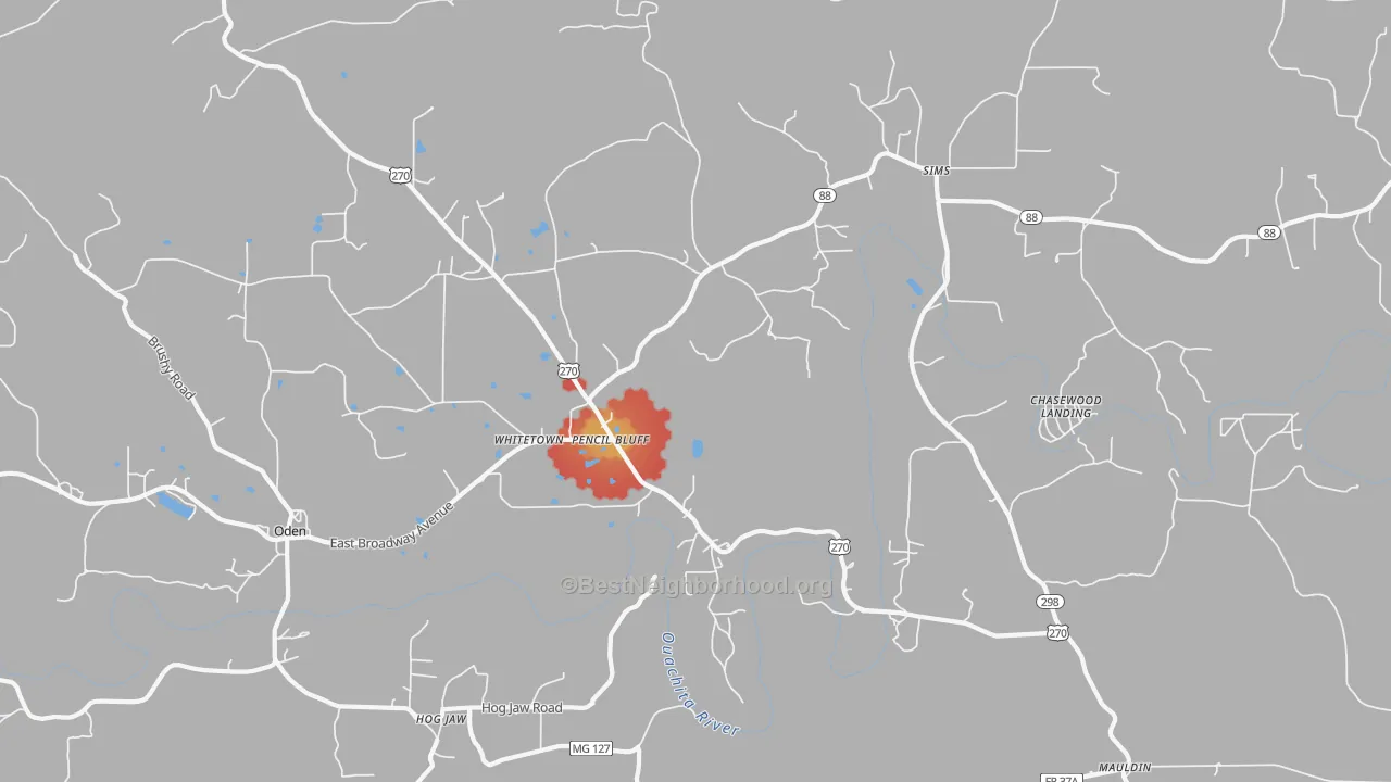 Walk Grade map of Pencil Bluff, AR, walkable areas in green and car-dependent areas in red