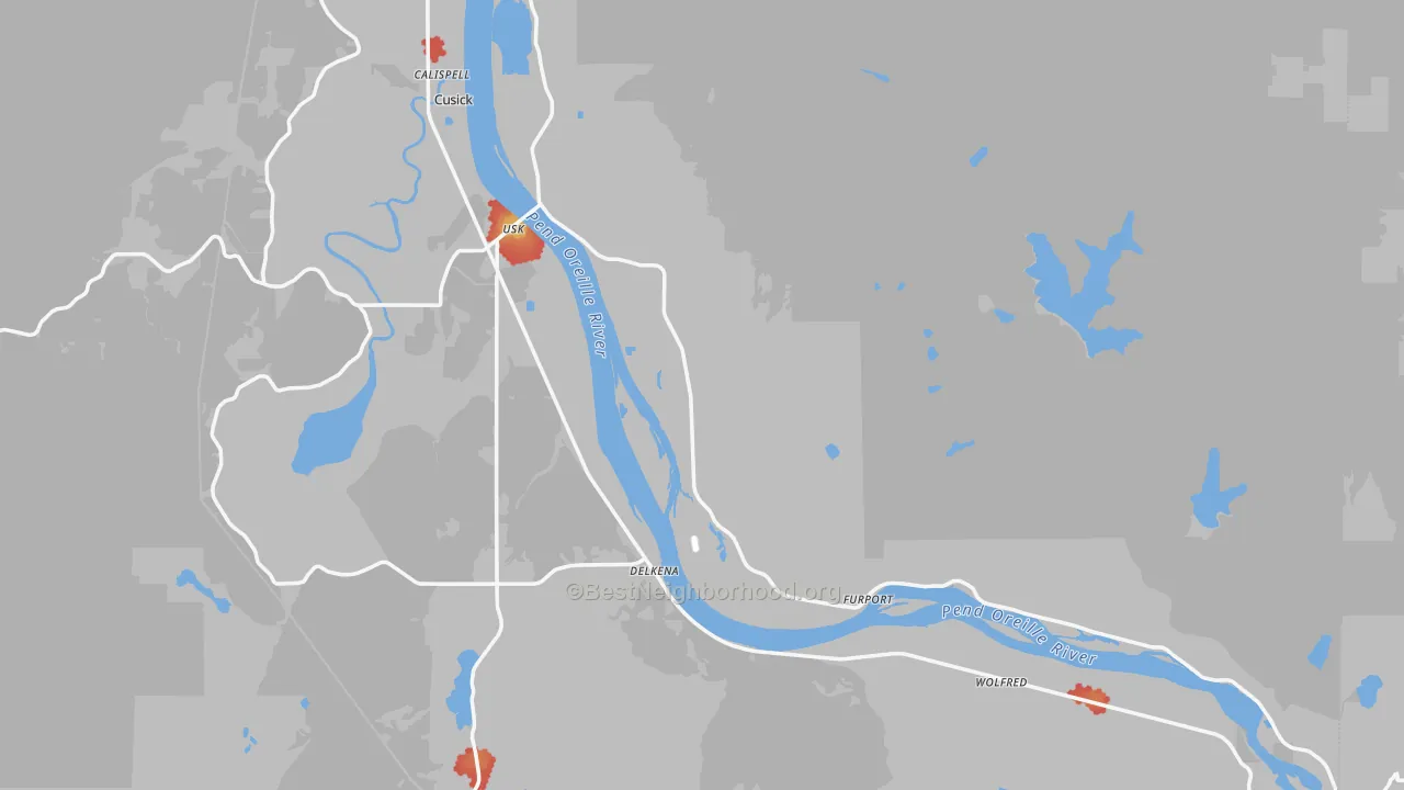 Walk Grade map of Pend Oreille County, WA, walkable areas in green and car-dependent areas in red