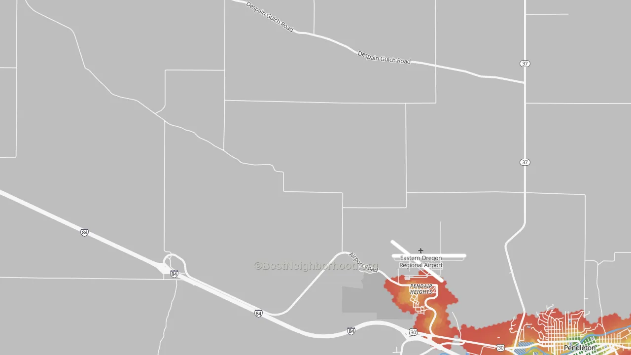 Walk Grade map of Pendair Heights, OR, walkable areas in green and car-dependent areas in red
