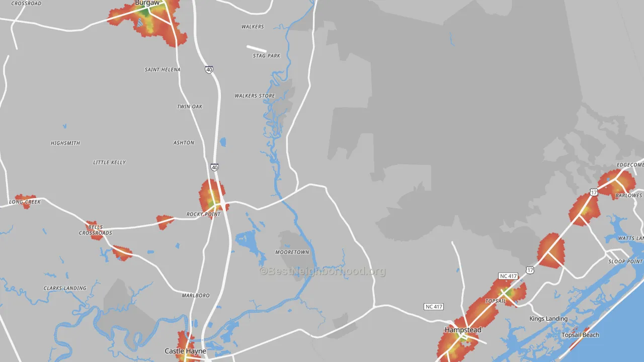 Walk Grade map of Pender County, NC, walkable areas in green and car-dependent areas in red