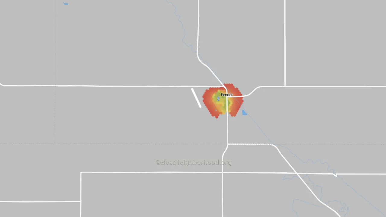 Walk Grade map of Pender, NE, walkable areas in green and car-dependent areas in red