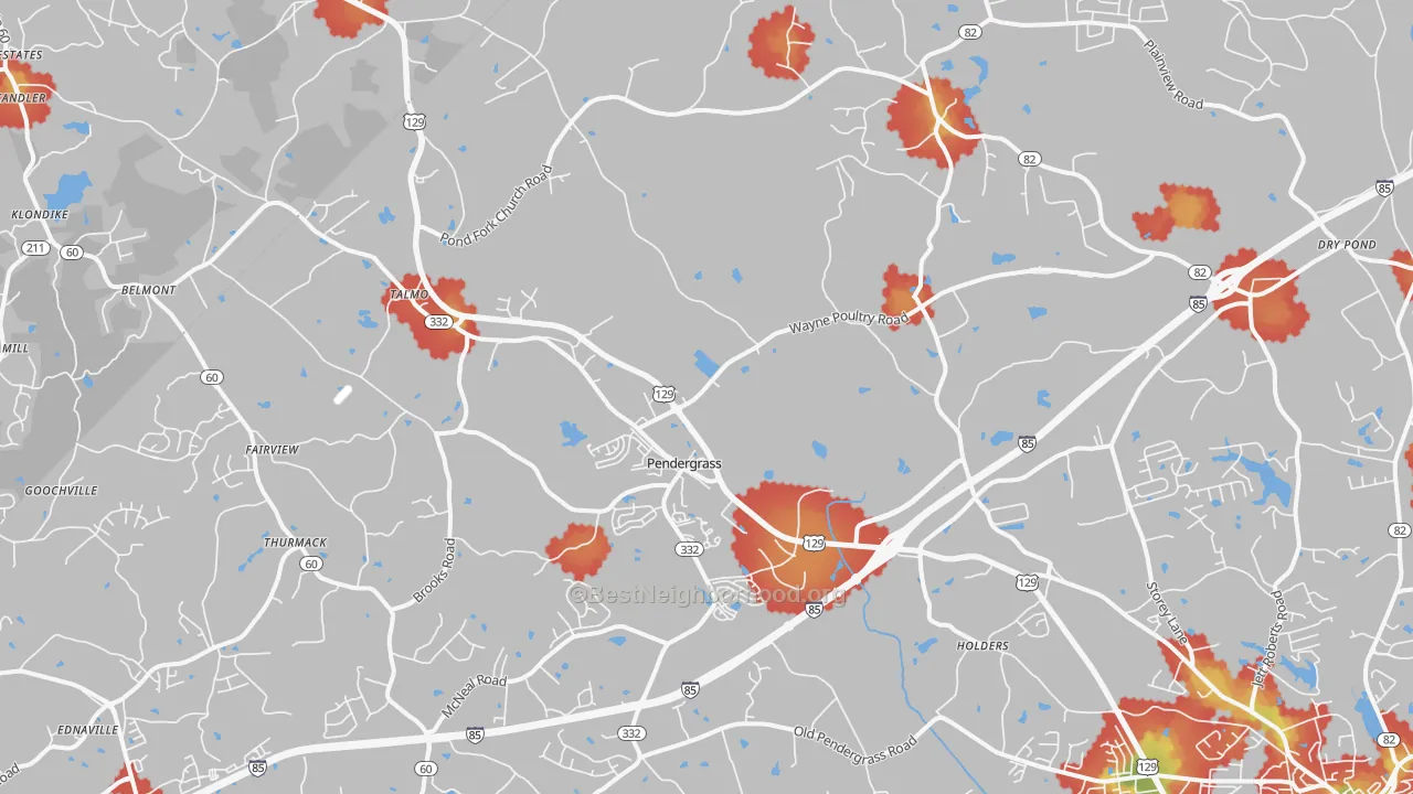 Walk Grade map of Pendergrass, GA, walkable areas in green and car-dependent areas in red