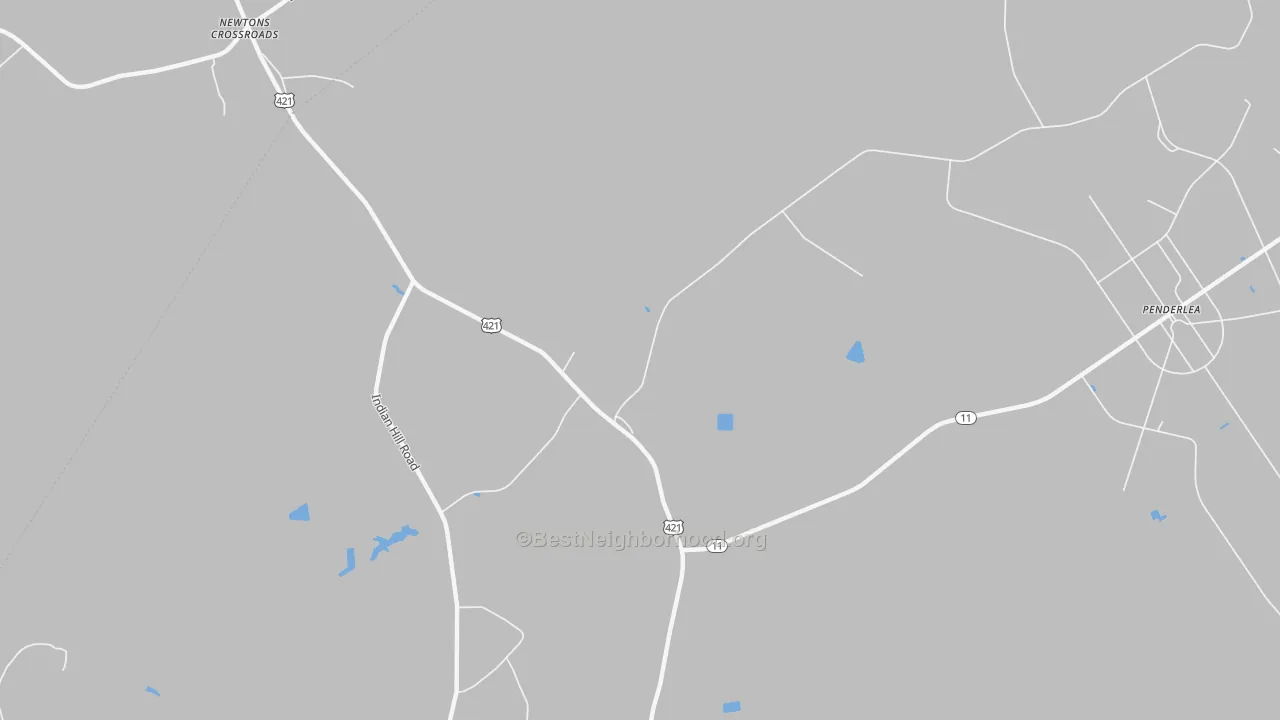 Walk Grade map of Penderlea, NC, walkable areas in green and car-dependent areas in red