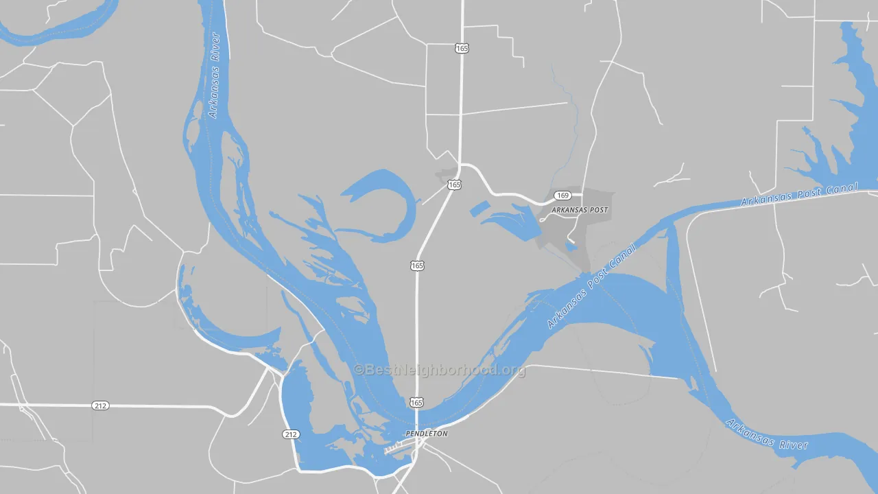 Walk Grade map of Pendleton, AR, walkable areas in green and car-dependent areas in red
