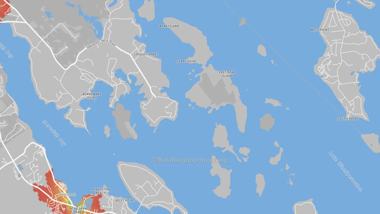 Walk Grade map of Pendleton Beach, NH, walkable areas in green and car-dependent areas in red