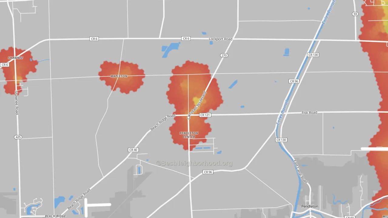 Walk Grade map of Pendleton Center, NY, walkable areas in green and car-dependent areas in red