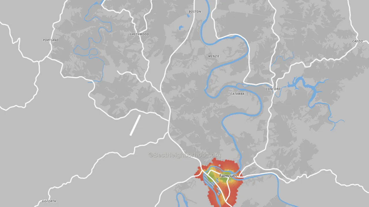 Walk Grade map of Pendleton County, KY, walkable areas in green and car-dependent areas in red