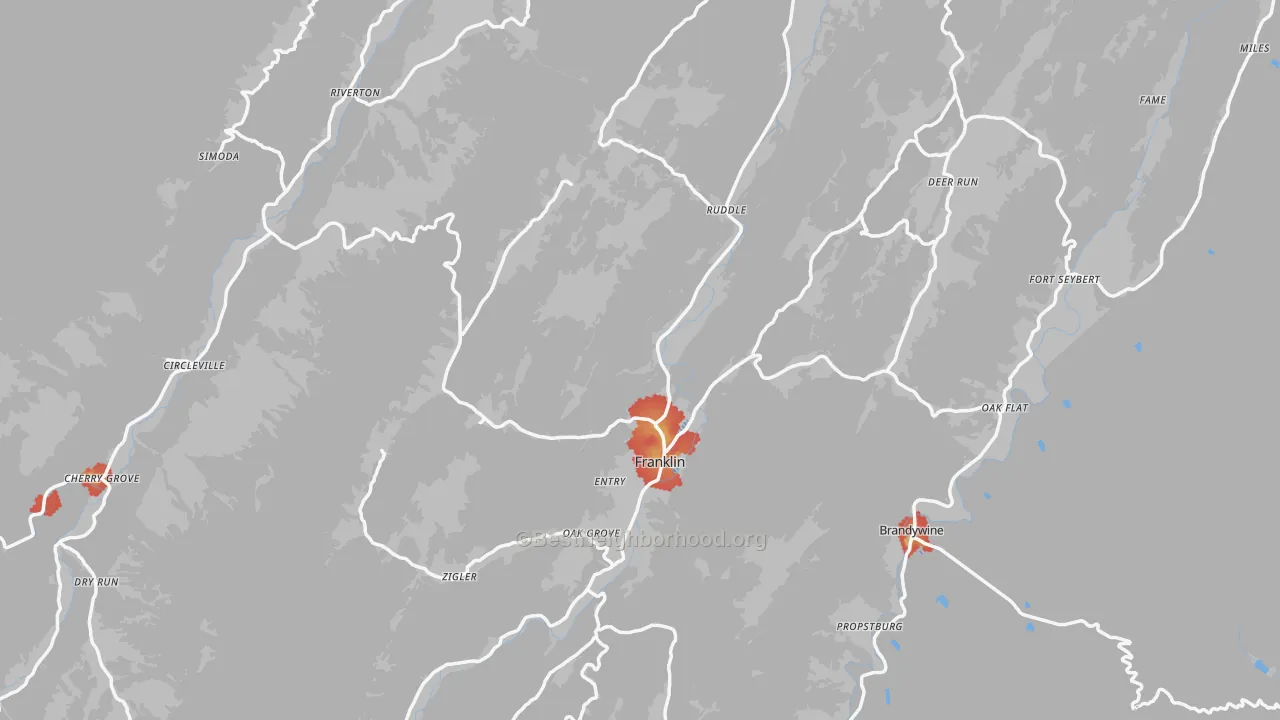 Walk Grade map of Pendleton County, WV, walkable areas in green and car-dependent areas in red