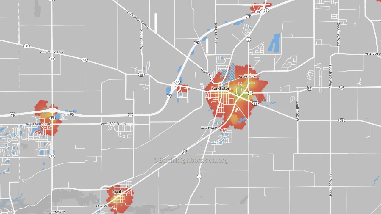 Walk Grade map of Pendleton, IN, walkable areas in green and car-dependent areas in red