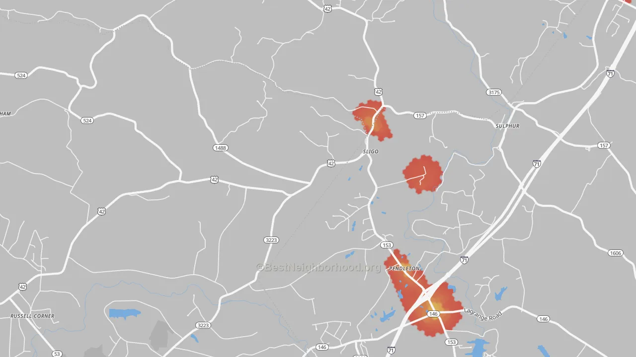 Walk Grade map of Pendleton, KY, walkable areas in green and car-dependent areas in red