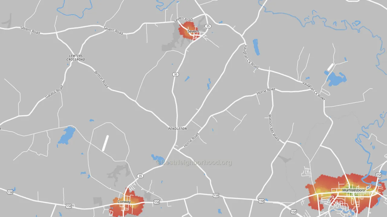 Walk Grade map of Pendleton, NC, walkable areas in green and car-dependent areas in red