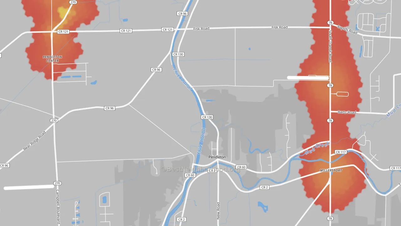Walk Grade map of Pendleton, NY, walkable areas in green and car-dependent areas in red