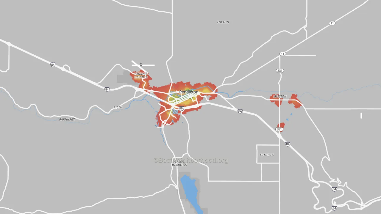 Walk Grade map of Pendleton, OR, walkable areas in green and car-dependent areas in red